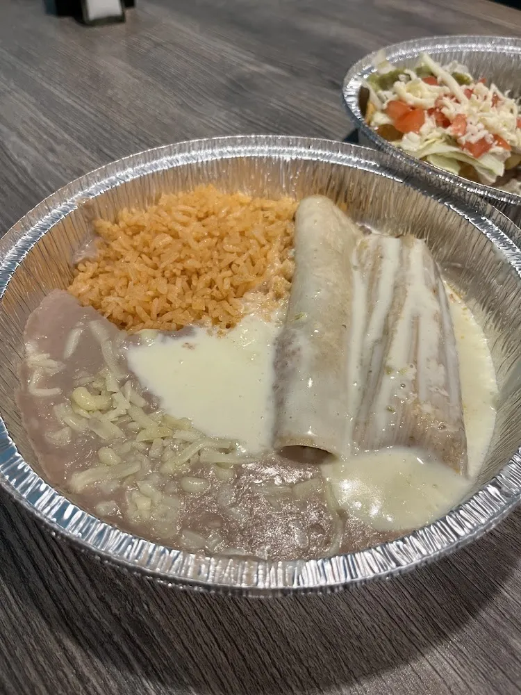 Special Dinner Tamale Enchilada Rice Beans with Cheese Sauce